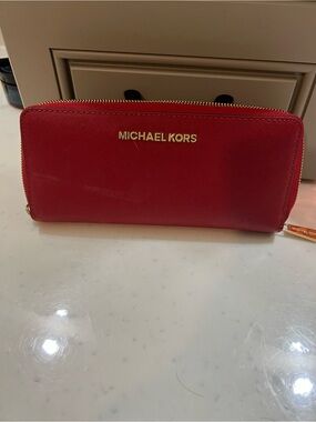 Michael Kors Red Saffiano Zip Wallet with Gold Logo